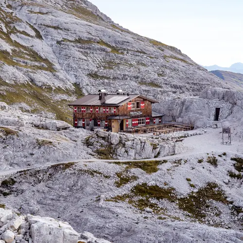 Photo of the Büllelejochhütte in the Dolomites, Italy. Smallest mountain hut in the Drei Zinnen park.