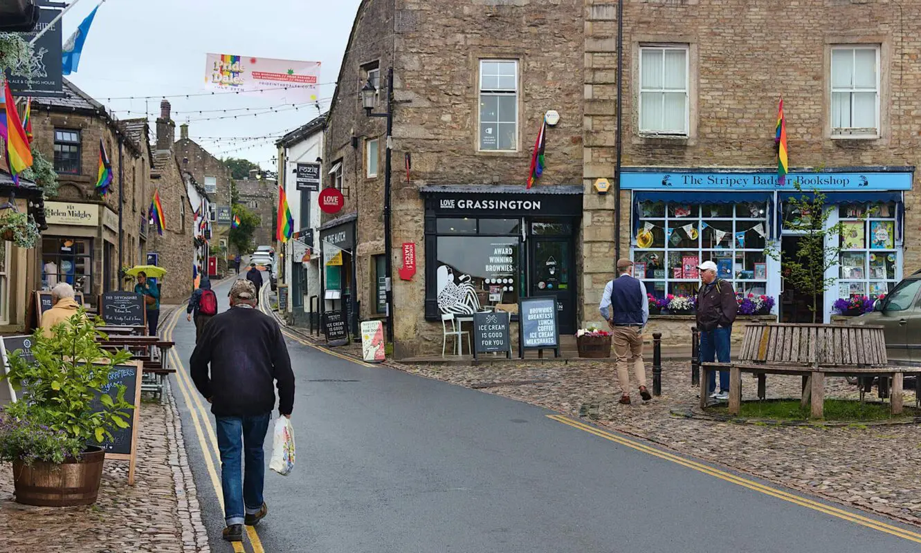 Busy city street in Grassington UK