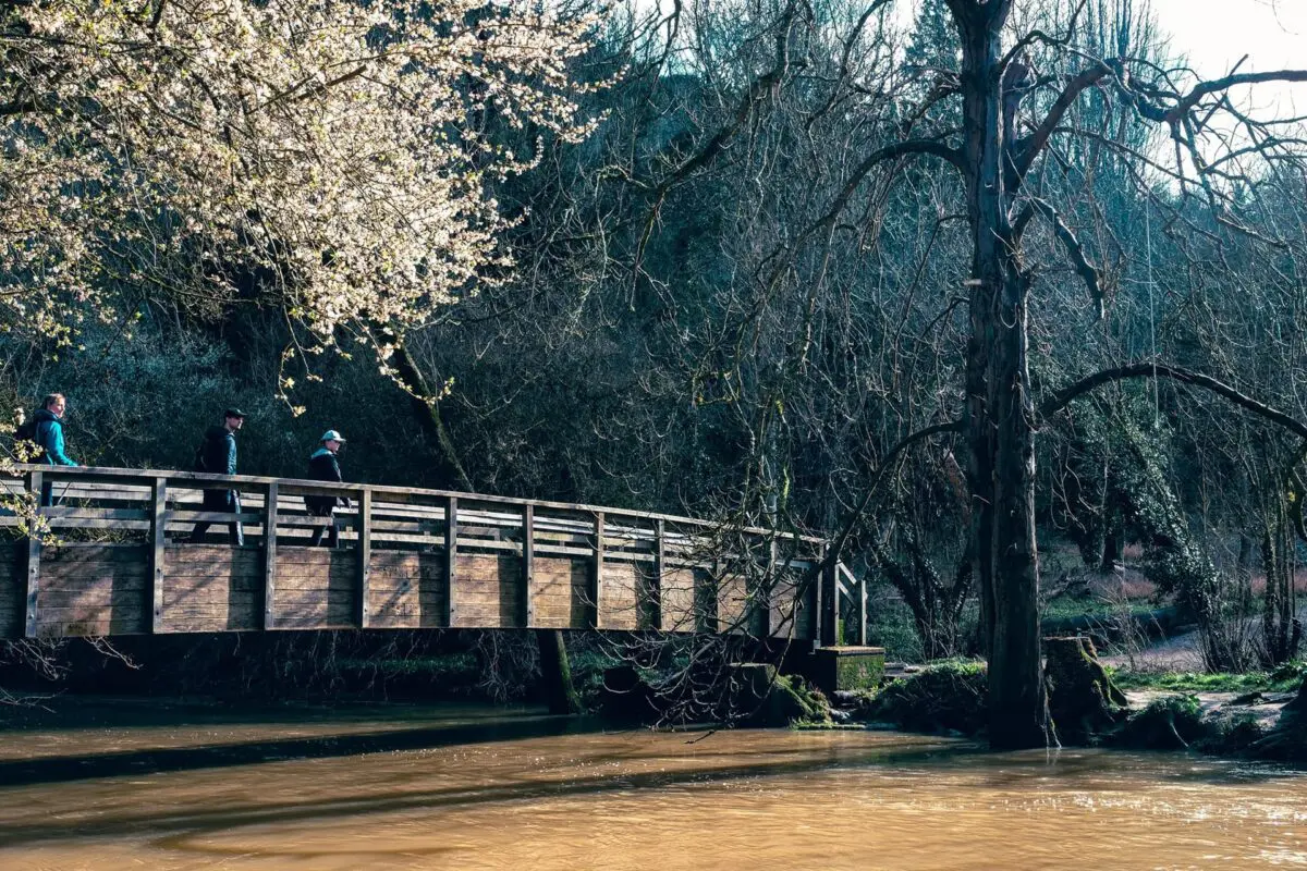 People walking across a walking bridge