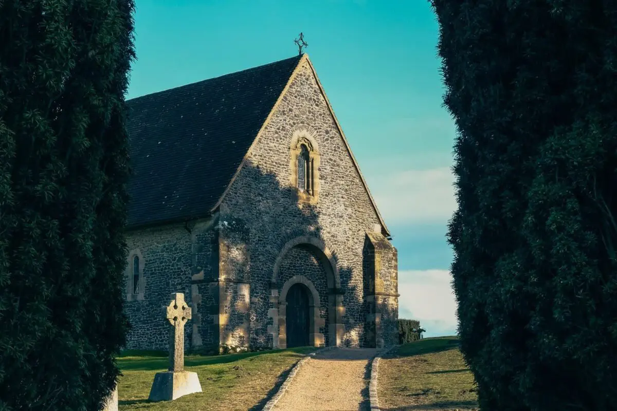 View of old church through some trees