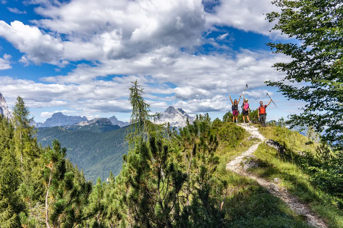 Group of hikers cheering on beautiful sunny day in the mountains