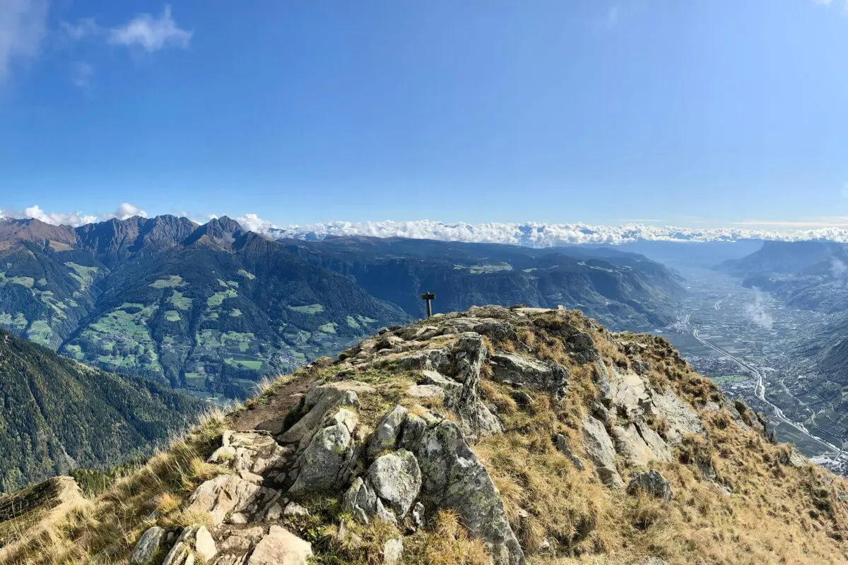 View of Merano valley from top of mountain in the Gruppo di Tessa Nature Park, Tirol, Italien
