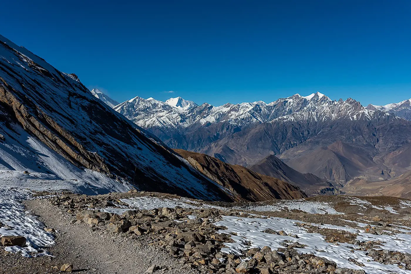 hiking trail covered in snow in the mountains