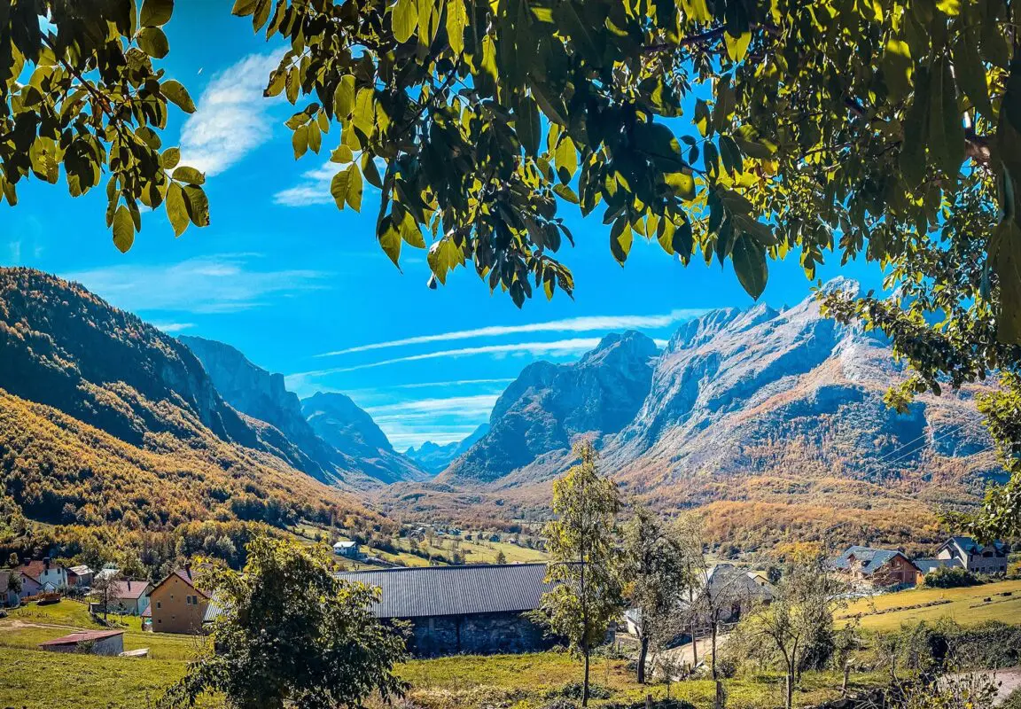 small town in valley of mountain landscape, autumn colors