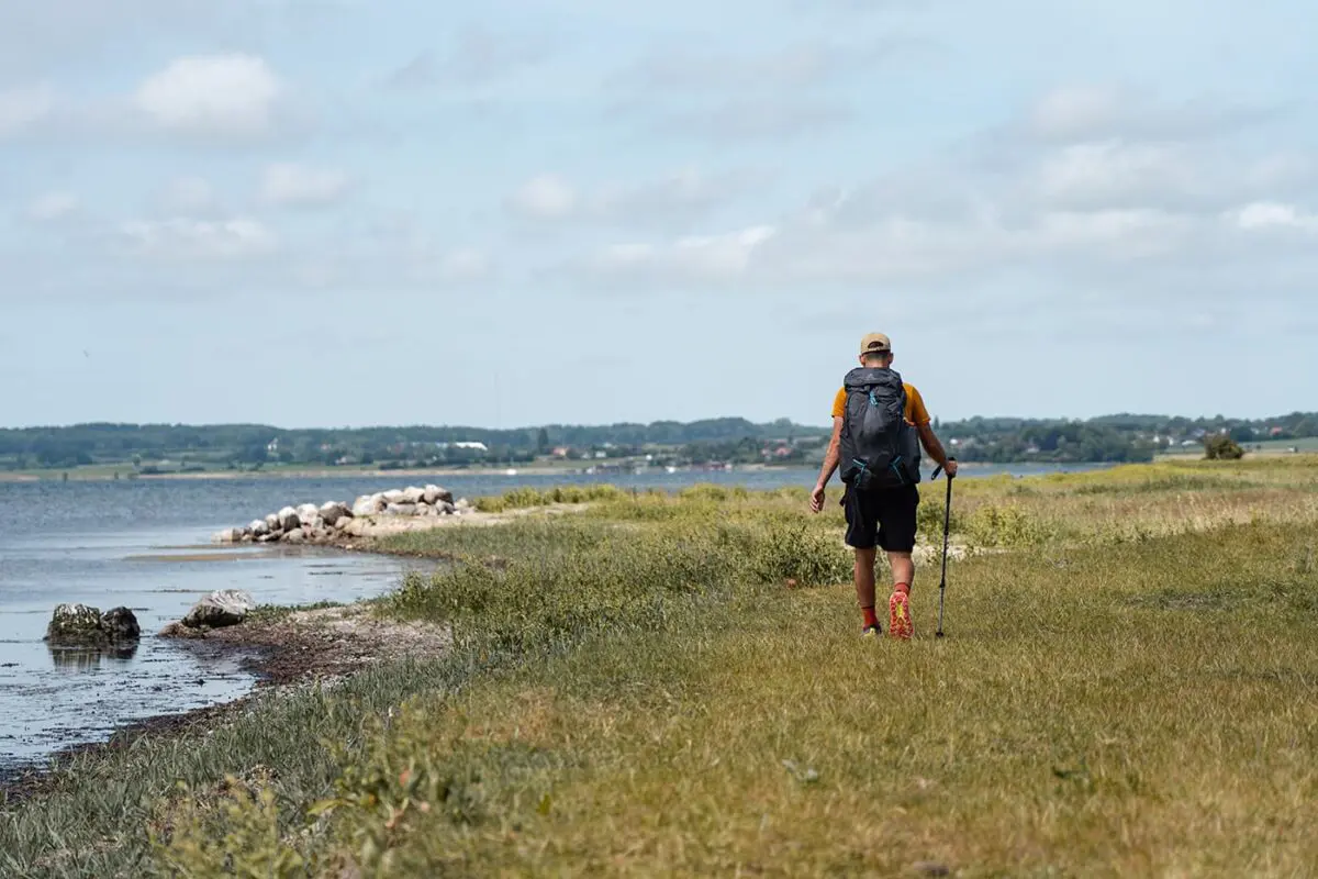 man walking on grassy field near body of water