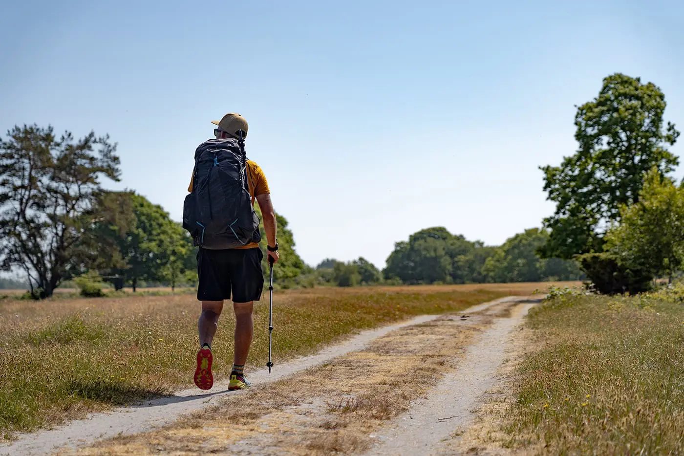 man hiking on unpaved path in green landscape