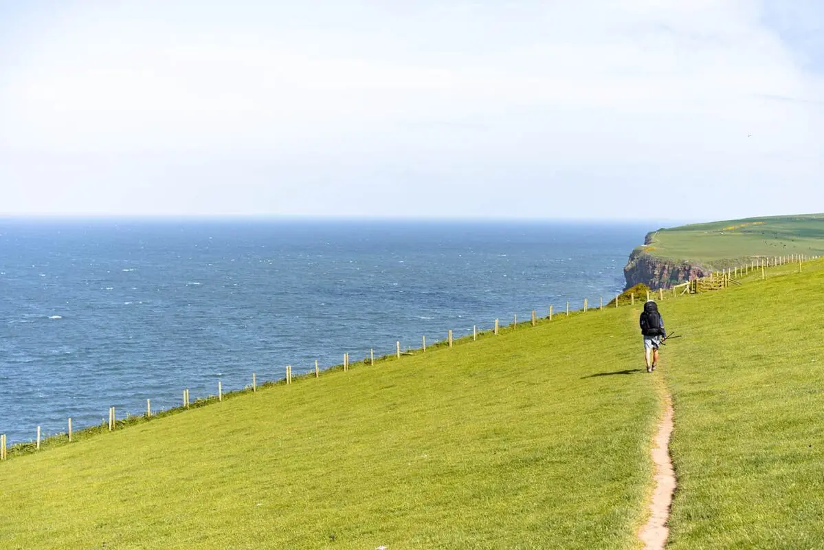 man hiking on grassy landscape near the coast