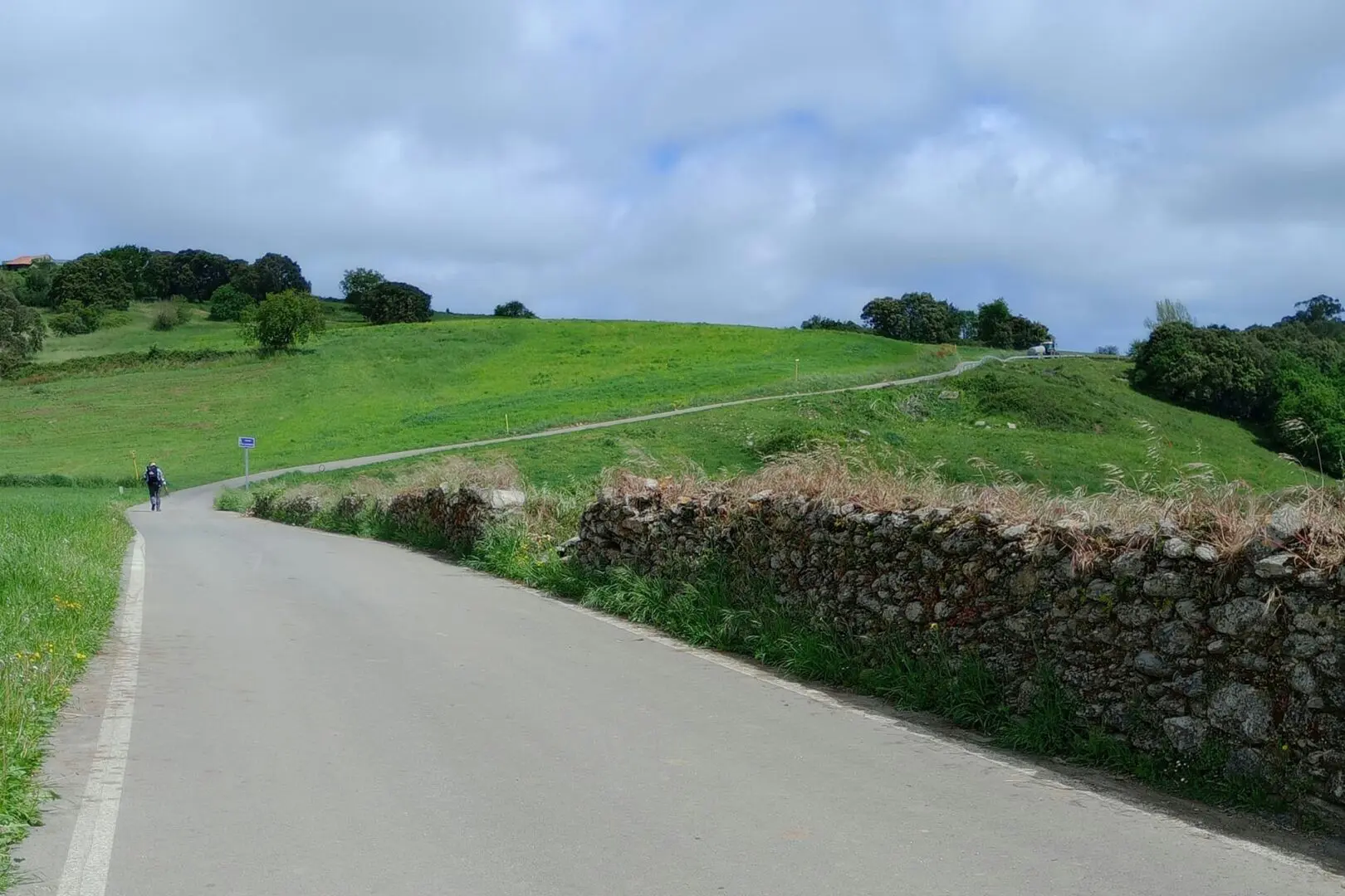 Man walking on asphalt road on green hills