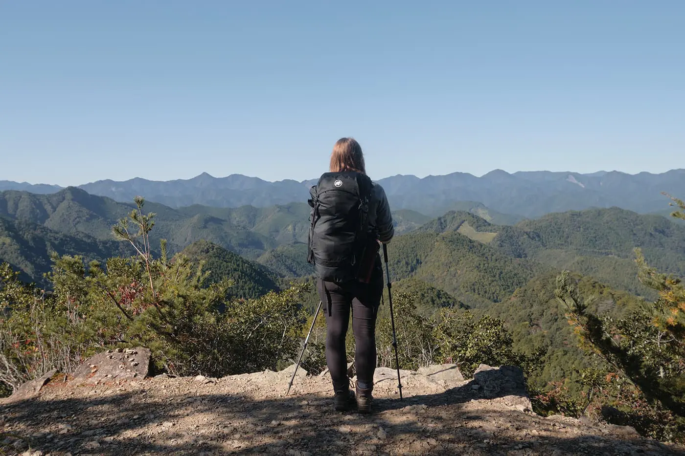 person looking out over green mountains