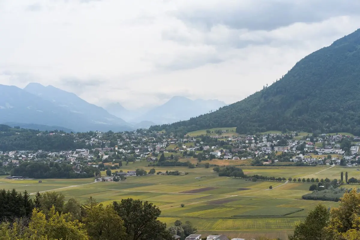 panoramic view of mountain valley and small city