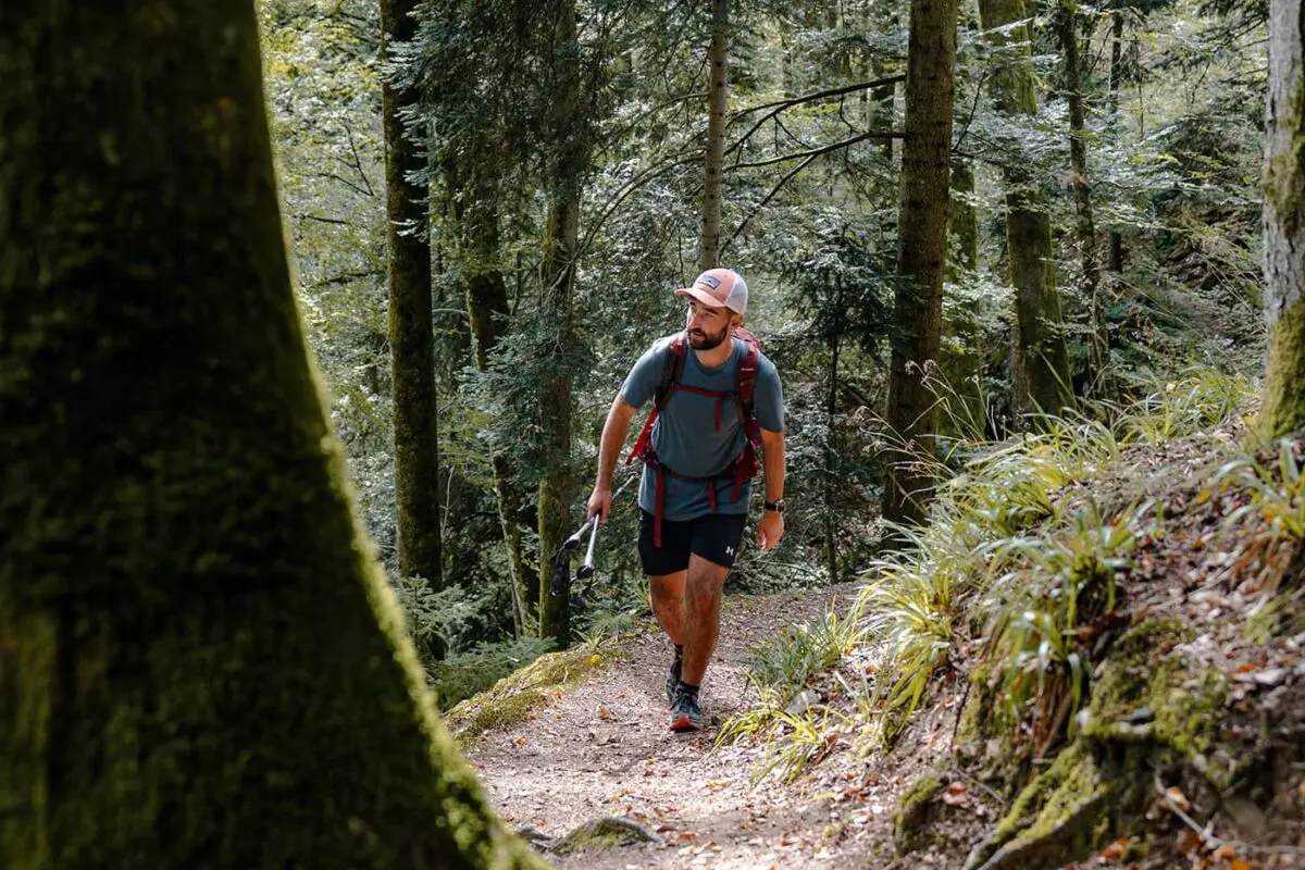 person with cap and backpack hiking on small forest path