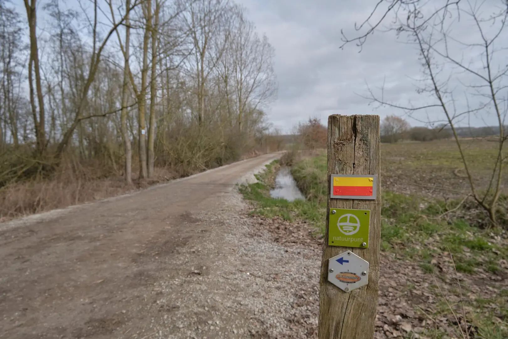 Wooden pole with trail signs on it with gravel path in the background
