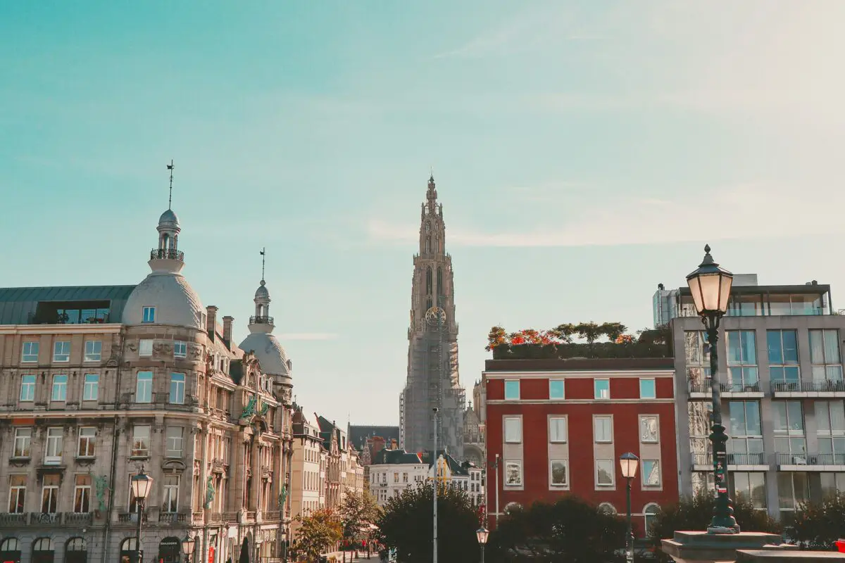 City view with big buildings and church tower