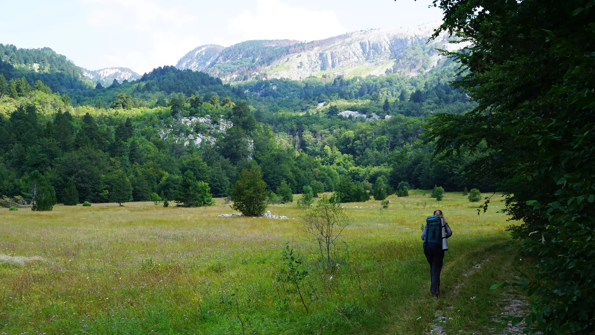 Women hiking in grassy fields with mountains in background