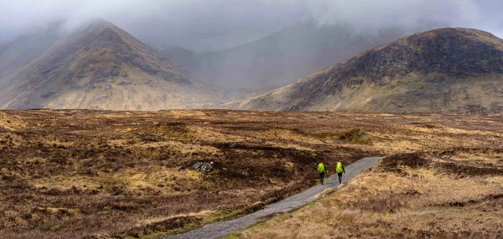 two persons hiking on hiking trail in Scotland