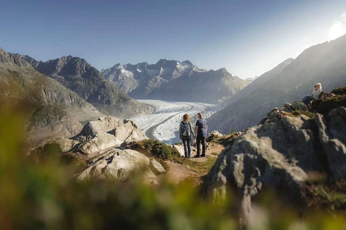 couple holding hands in the mountains