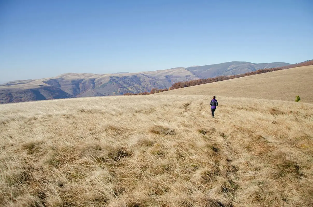 women hiking in grassy field