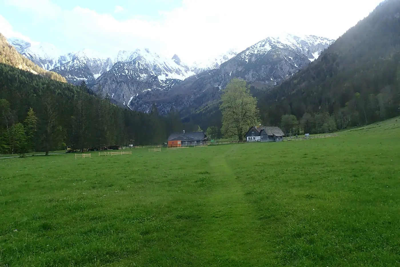 farm in grassy field with mountains in the background