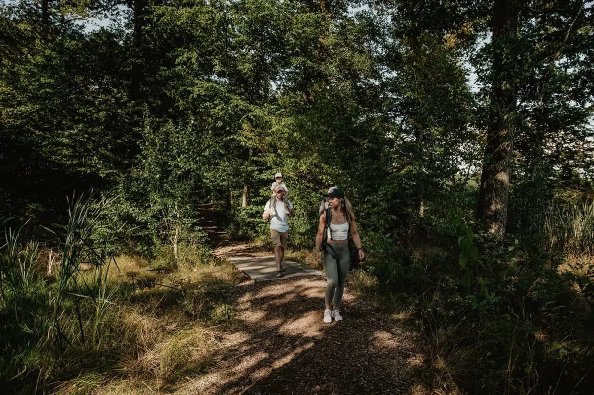 family hiking in forest