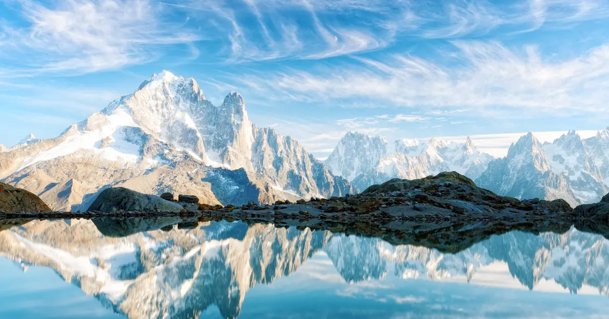 Incredible view of clear water and sky reflection on Lac Blanc lake in France Alps. Monte Bianco mountains range on background. Landscape photography, Chamonix.