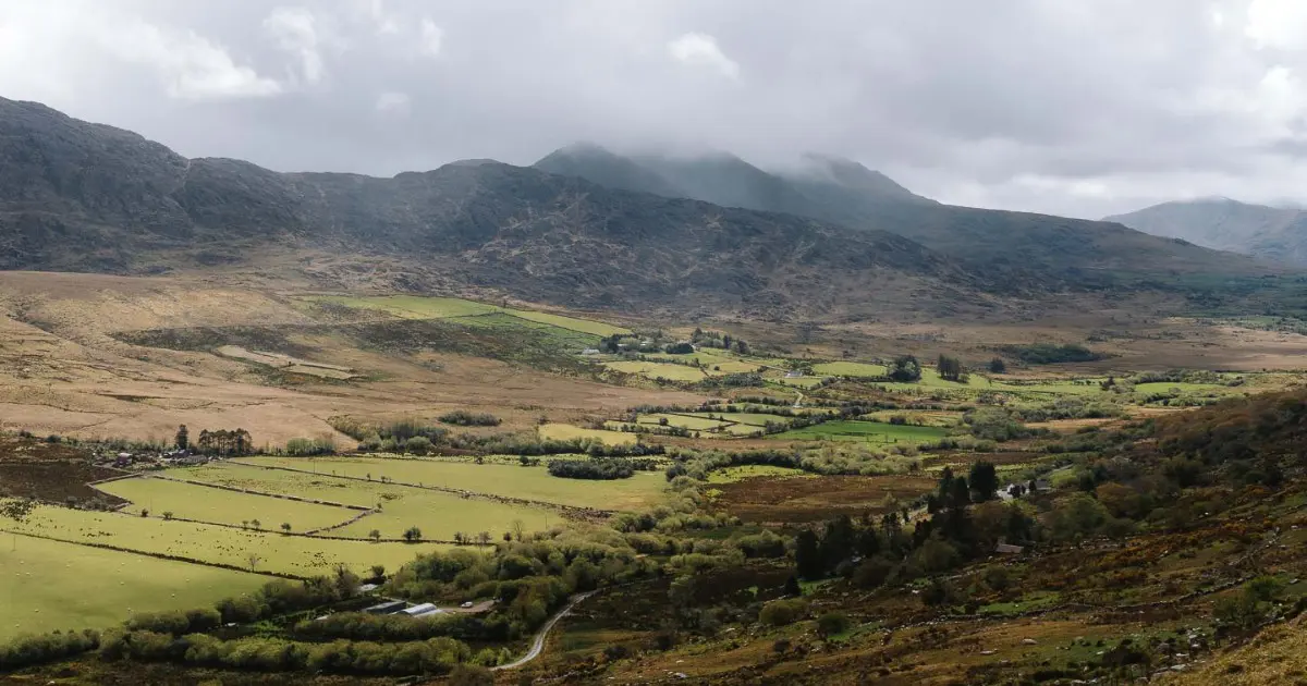 Arial view of farmland and villages on the Kerry Way