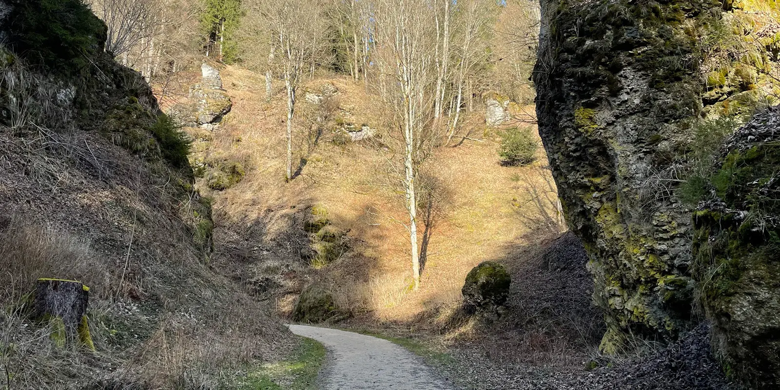 small unpaved path leading around the corner between hills