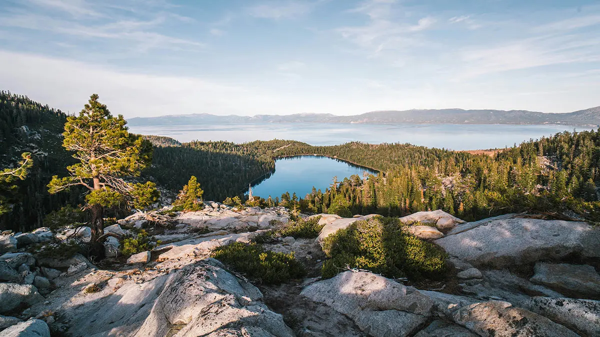 Lake Tahoe seen from a hill top during golden hour