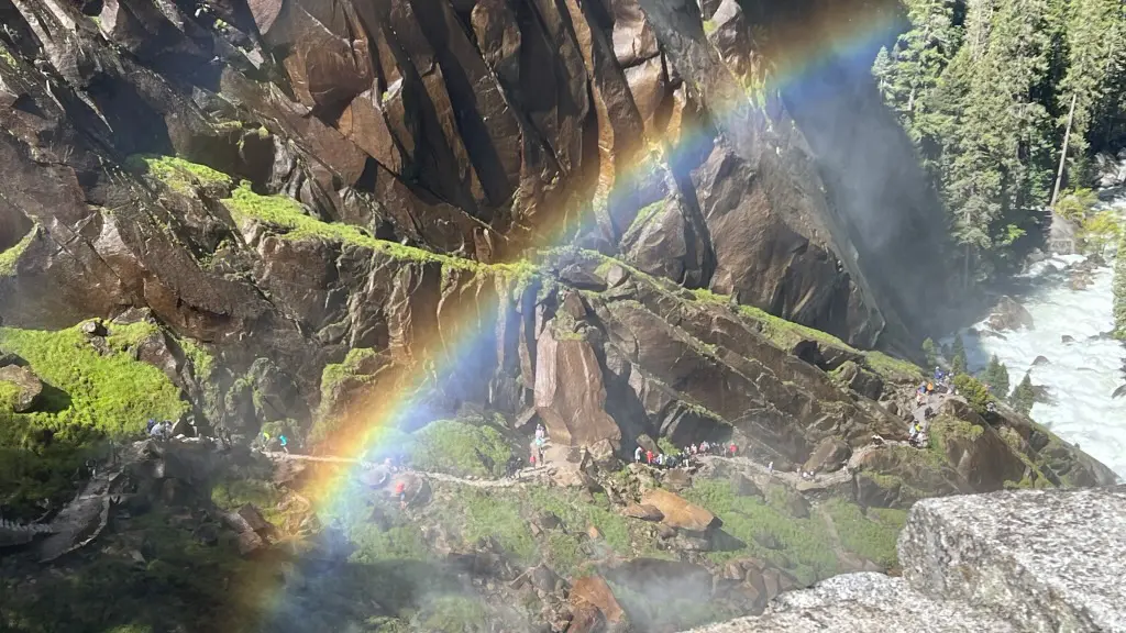 rainbow in mountain valley near waterfall