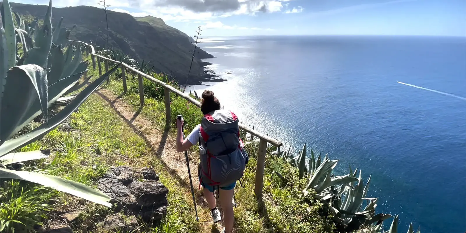 women hiking on coastal path on the Azores