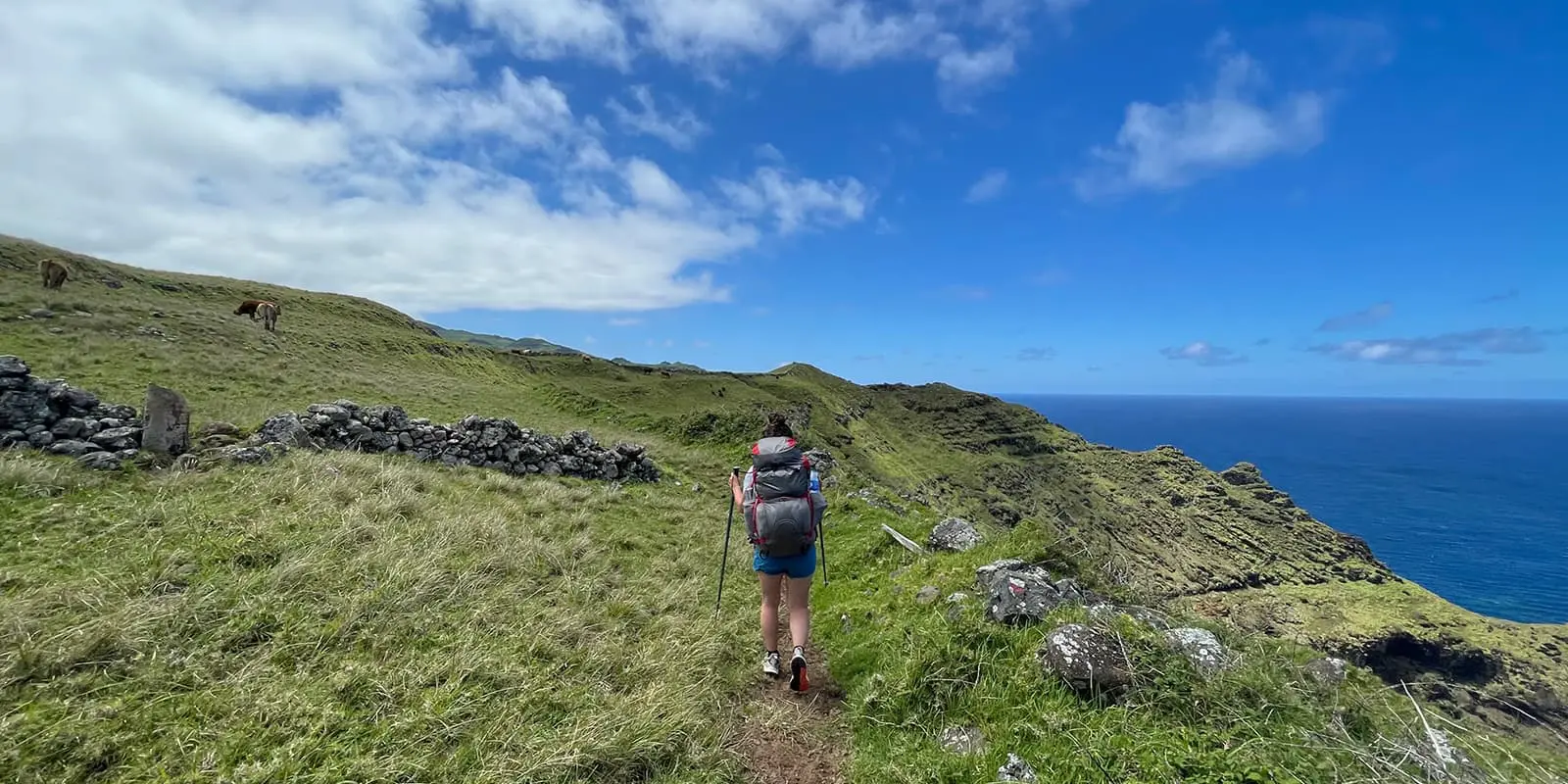 women hiking on the grand route santa maria on the Azores