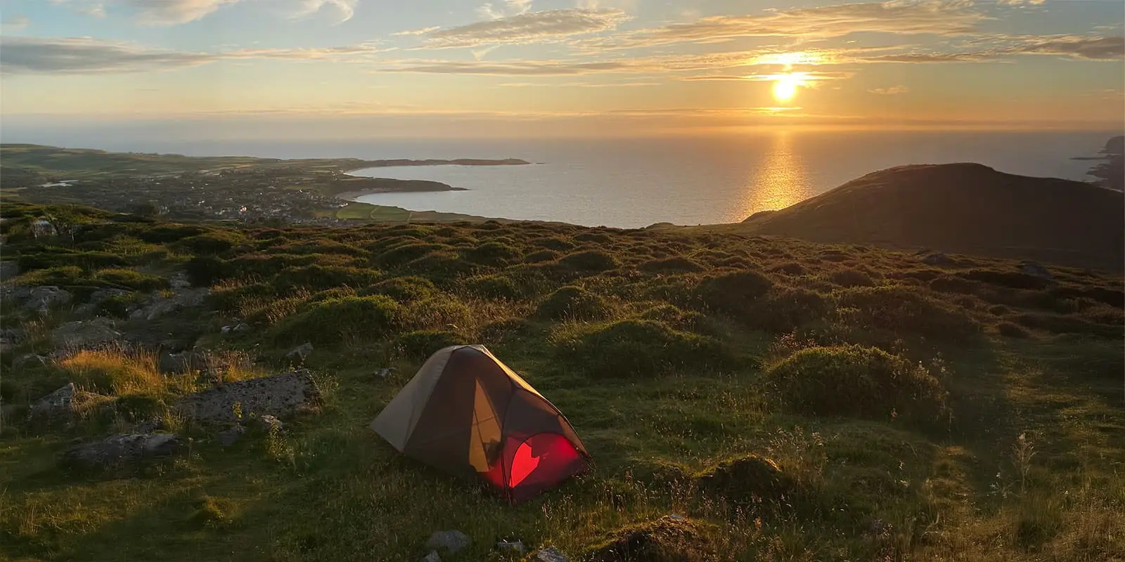 msr tent pitched near Wales coast during sunset