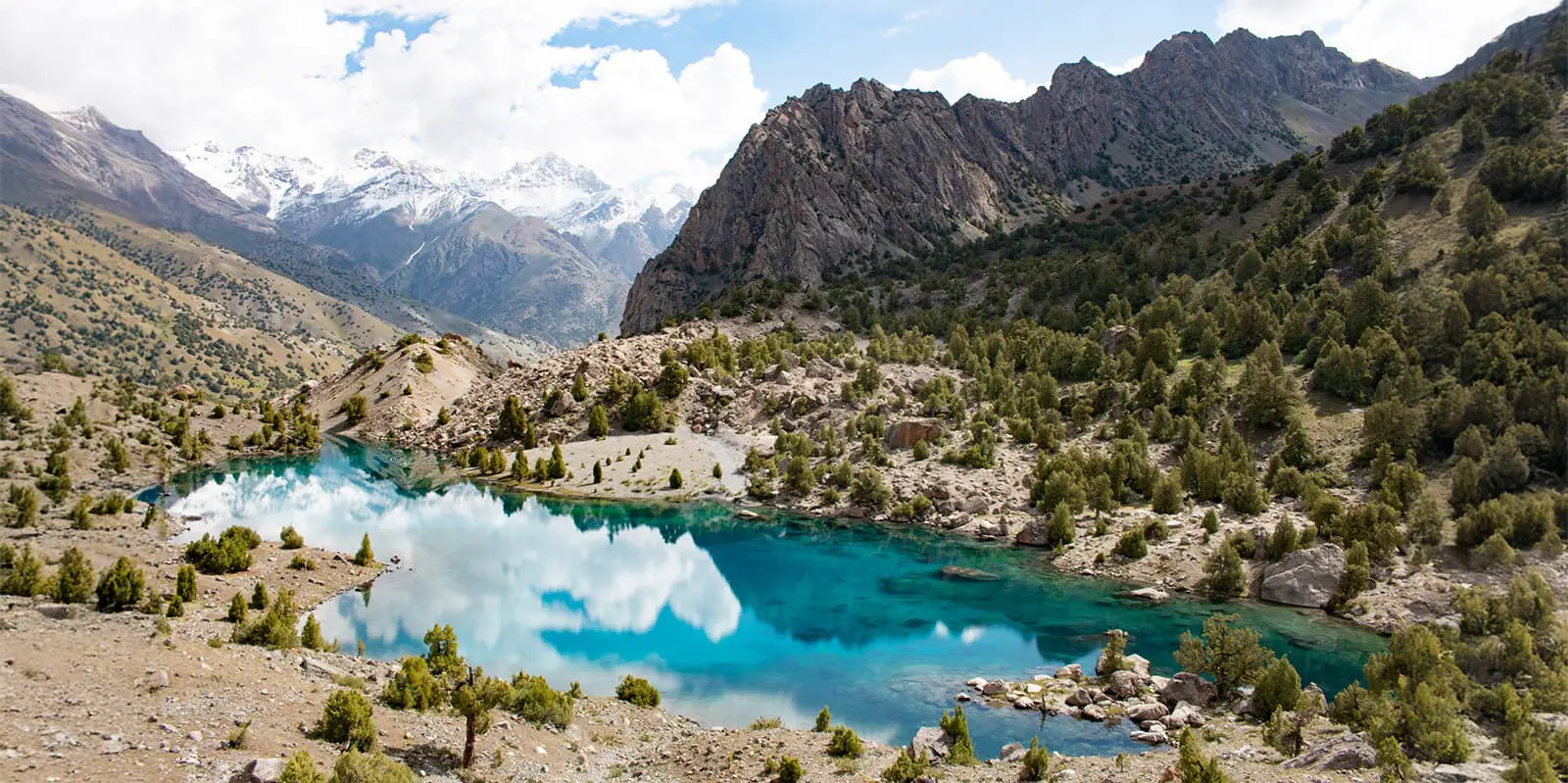 mountain lake with snowy peaks in the background