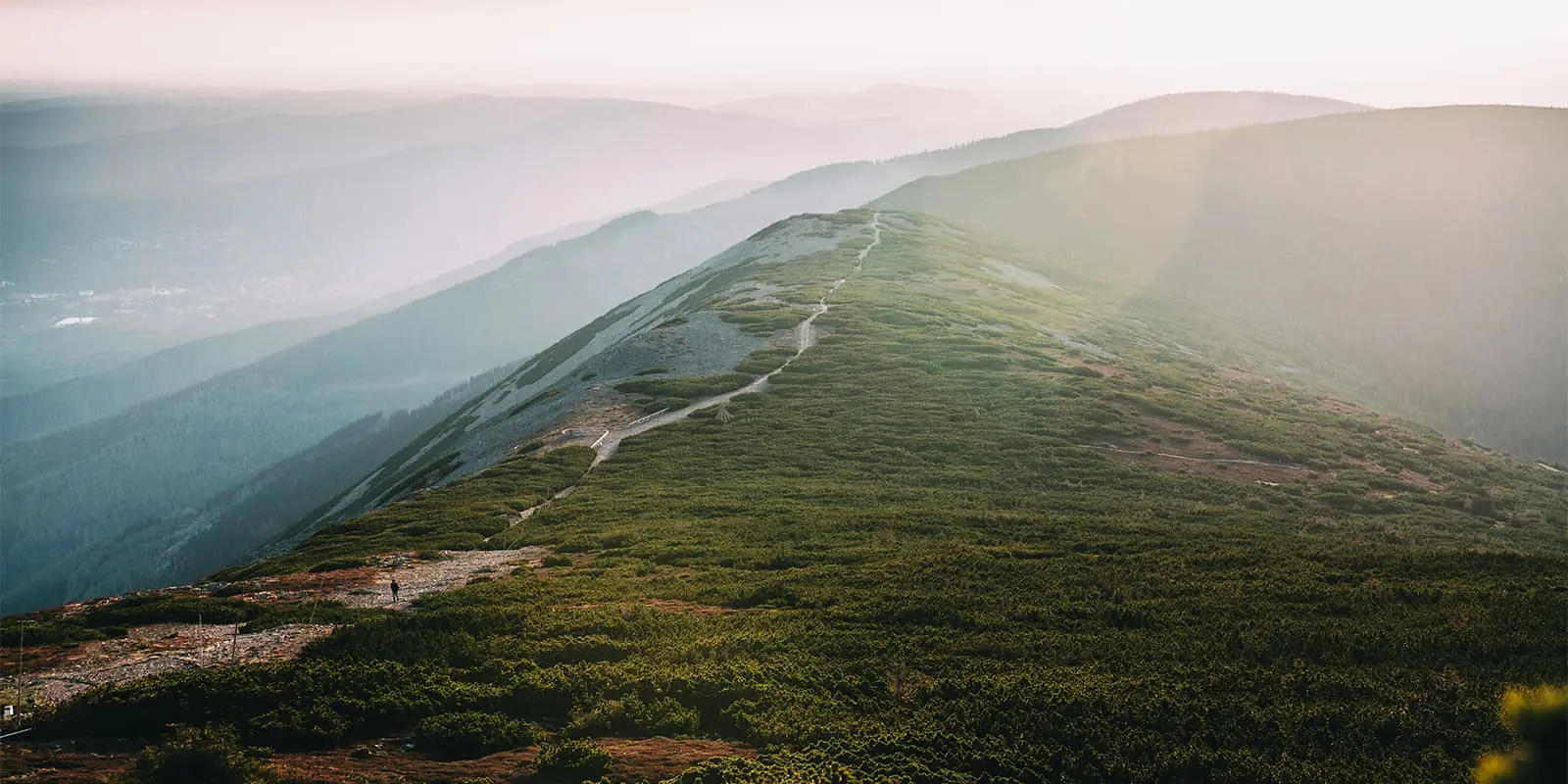 person hiking over narrow hiking trail on gentle hills on the Czech Trail