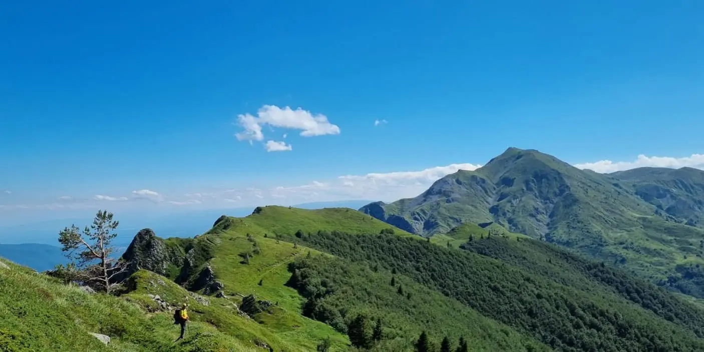 hiker on mountain path in green landscape, part of the Macedonian Endless Trail