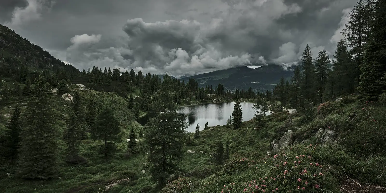 a lake surrounded by a forest onder a cloudy sky in Lagorai