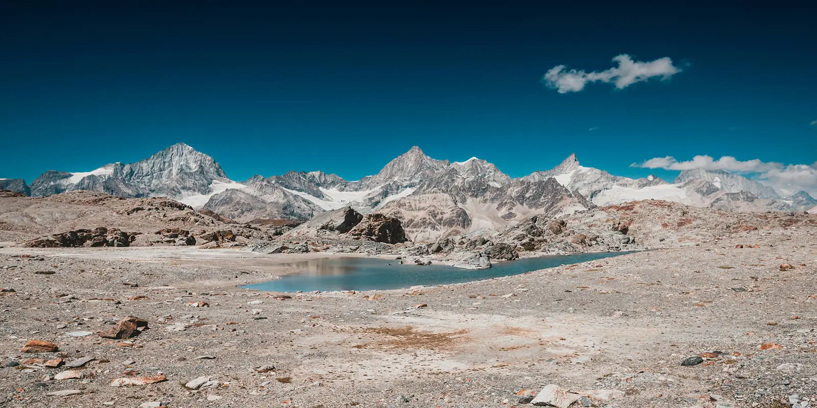 Panoramic view from Trockener Steg above Zermatt onto the surroundings summits.