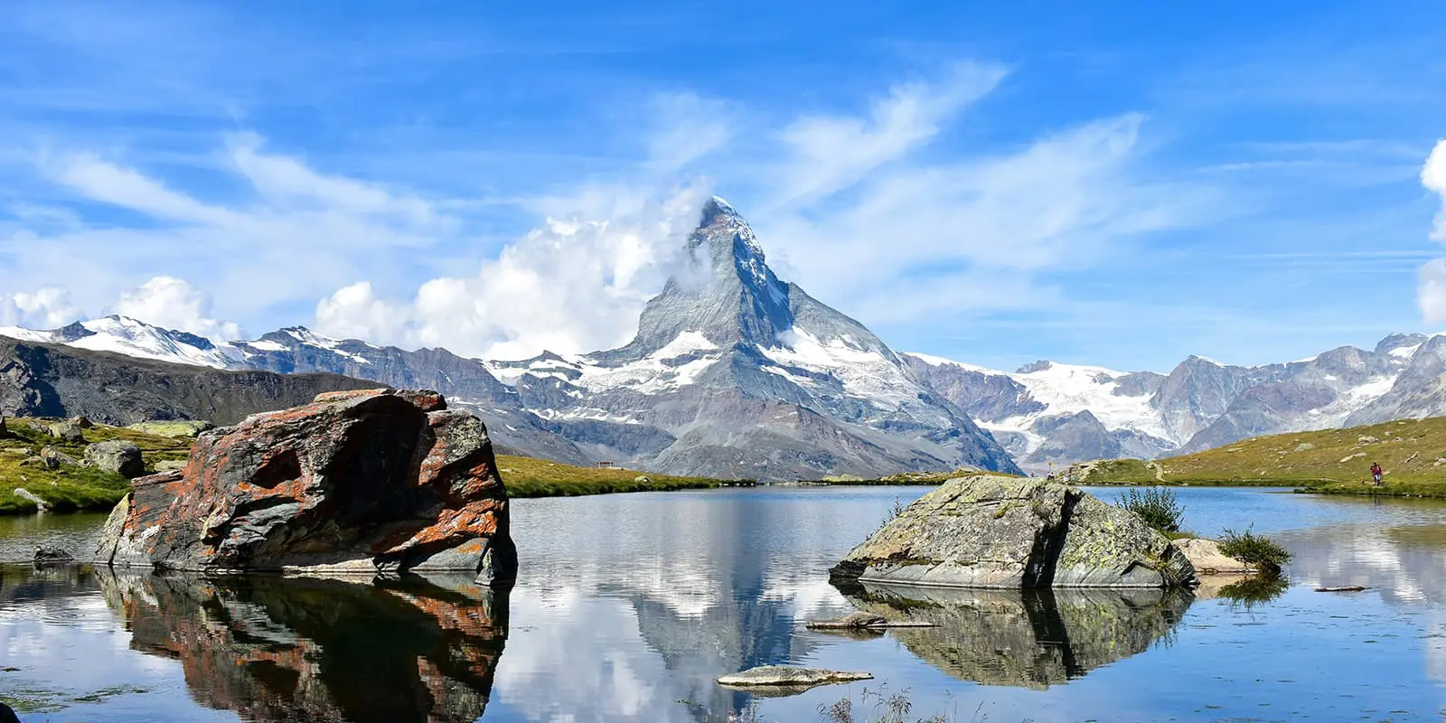 view of the matterhorn from alpine lake