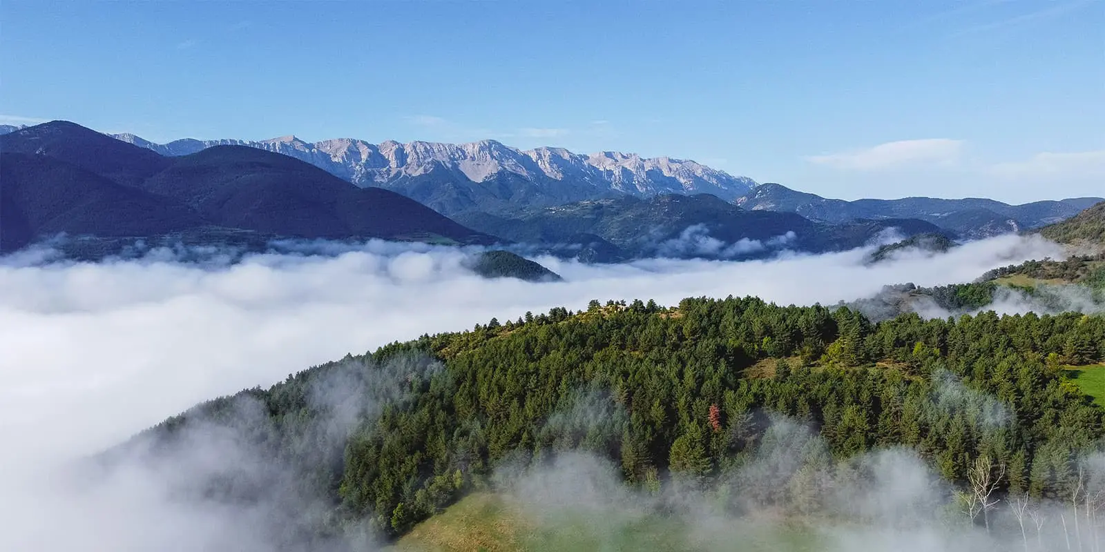 view of mountain range with clouds in the valley