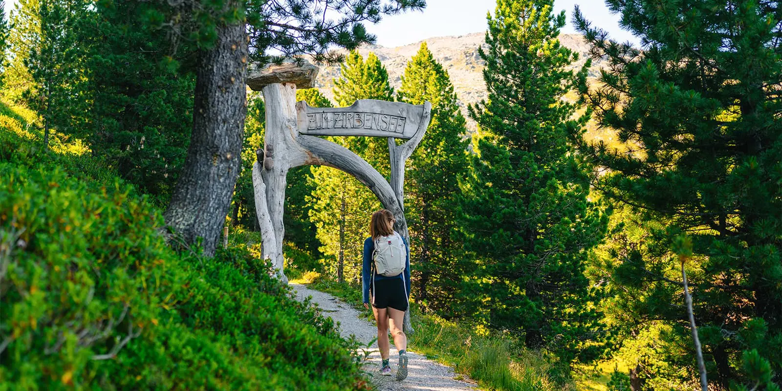 person hiking on mountain trail in forest on the Zirbenweg