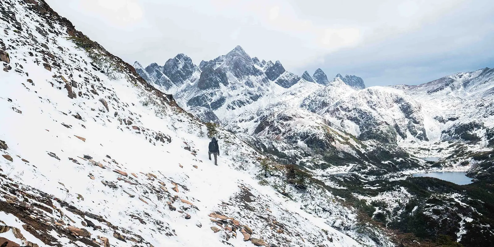 person on snowy ridge in the south of Chile on the Dientes de Navarino