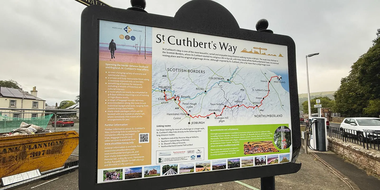 information board of the St. Cuthbert's Way in small town