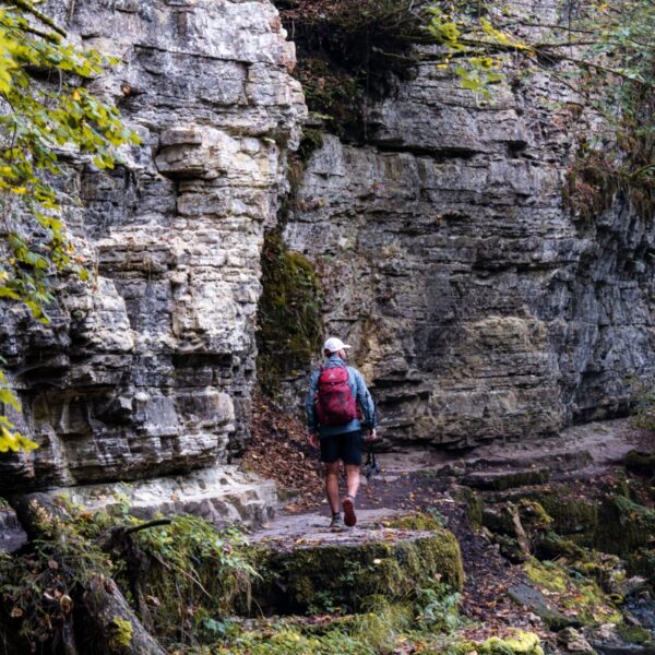 Hiking near rock formations in the Black Forest