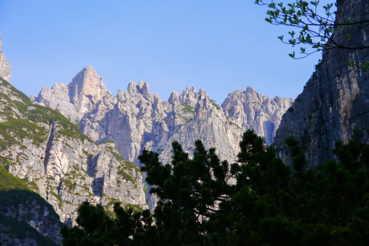 Majestic peaks of the Dolomites with trees in the foreground