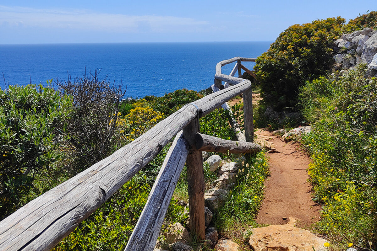 Small coast path with wooden rail and sea in the background
