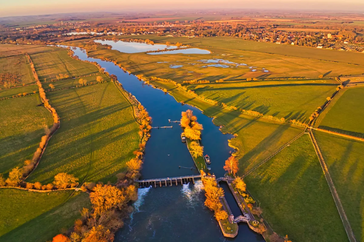Aerial view of river thames near Abingdon UK