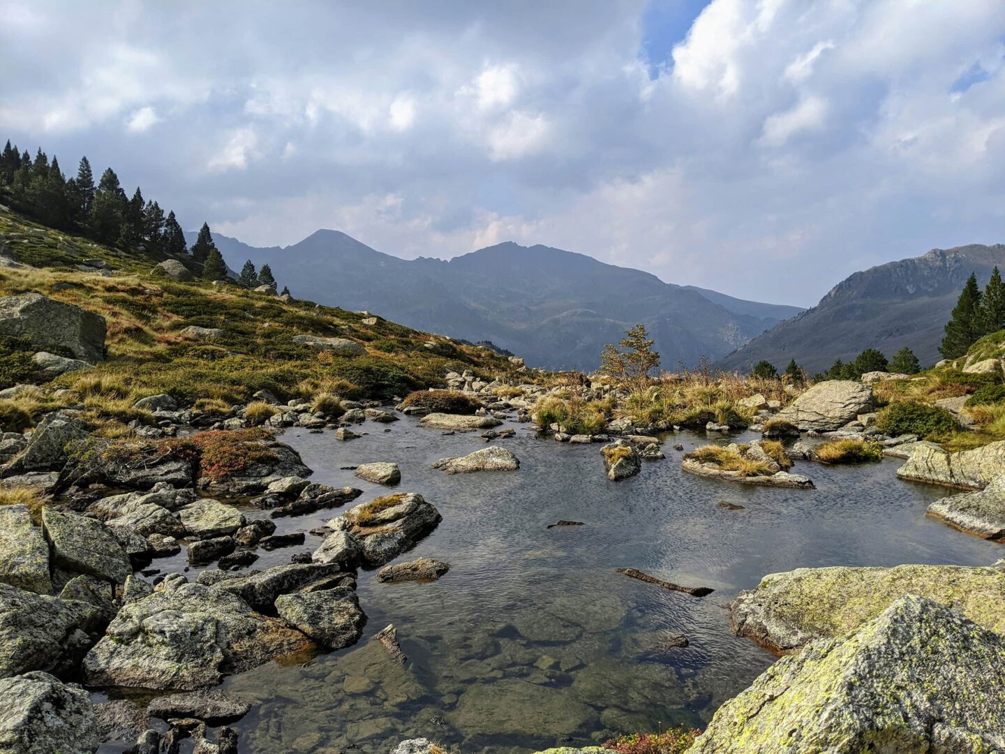 Small lake in the Pyrenees with mountains in the background, Pyrénées-Orientales, France