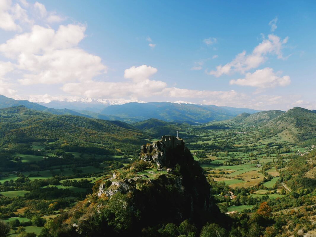 Panoramic view with mountains in the background near Ariège. Pyrénées-Orientales, France