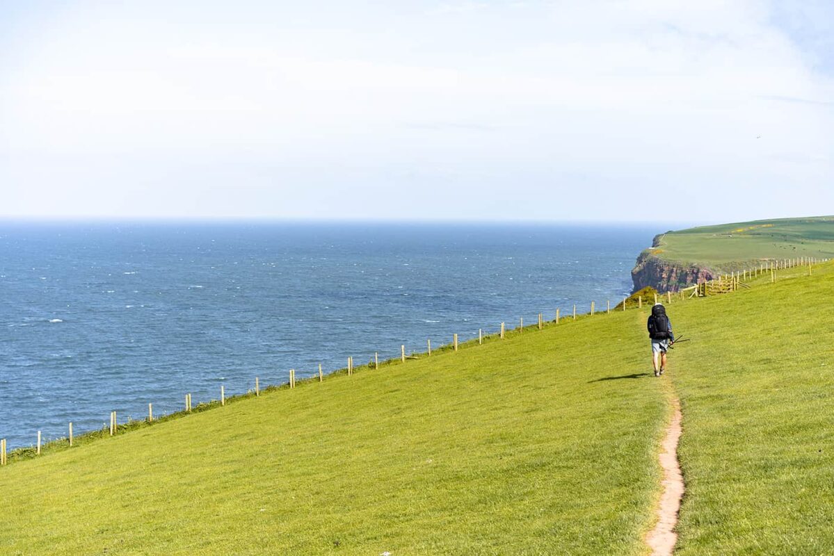 man hiking on grassy landscape near the coast