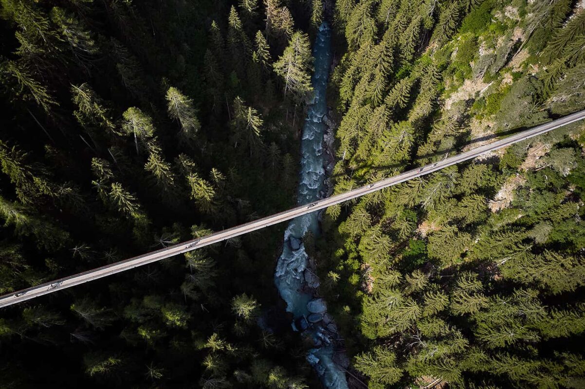 Aerial view of suspension bridge over river