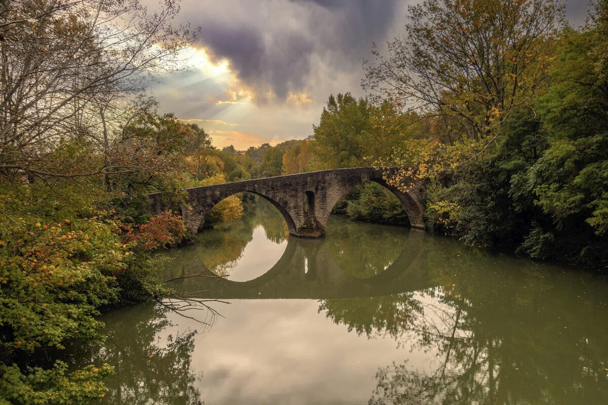 Arched stone bridge over river surrounded by forest on cloudy day